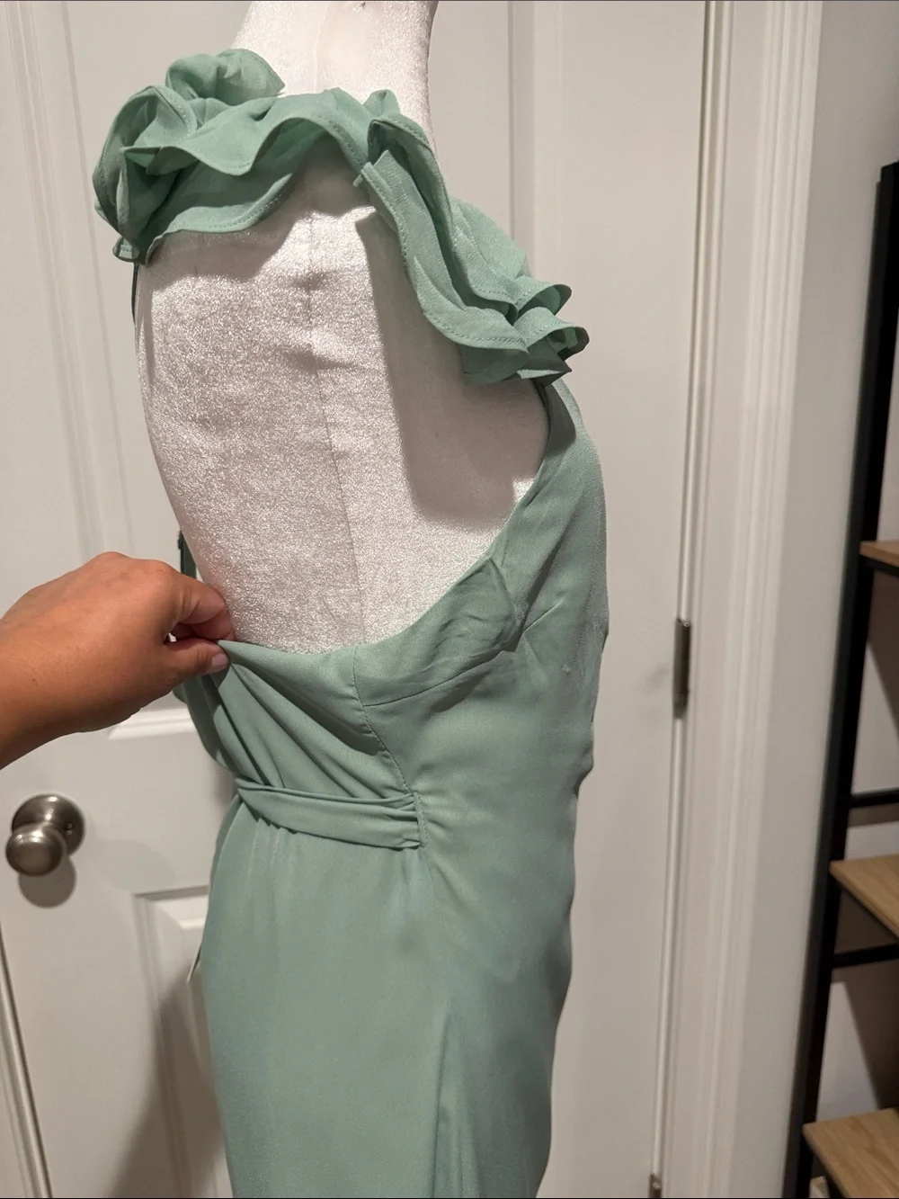 Sage Green Tie-Waist Midi Wrap Dress with Ruffle Shoulders NWT